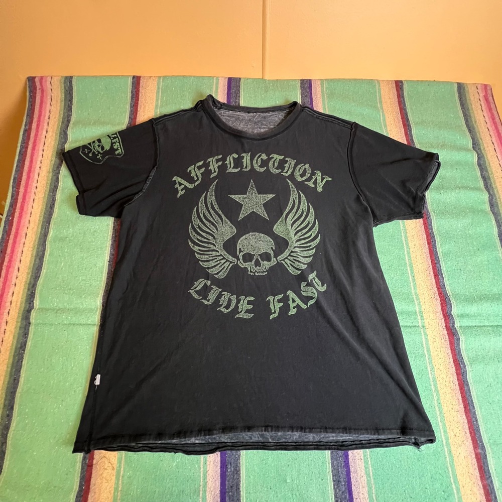 Affliction T-Shirt Mens 2XL Black Live Fast Winged Skull Graphic MMA Biker Tee